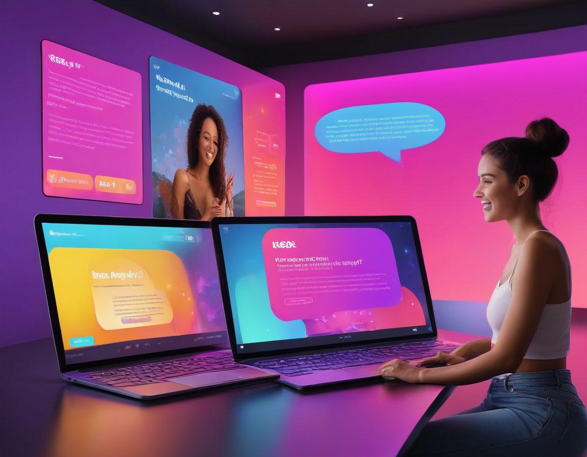 A diverse group of happy users engaging with the Ksex platform on various devices, showcasing a vibrant virtual environment filled with positive testimonials. Elements like glowing screens and floating text bubbles represent real experiences. Incorporate a dynamic, colorful background to symbolize excitement and engagement. super-realistic. vibrant colors. modern digital style.