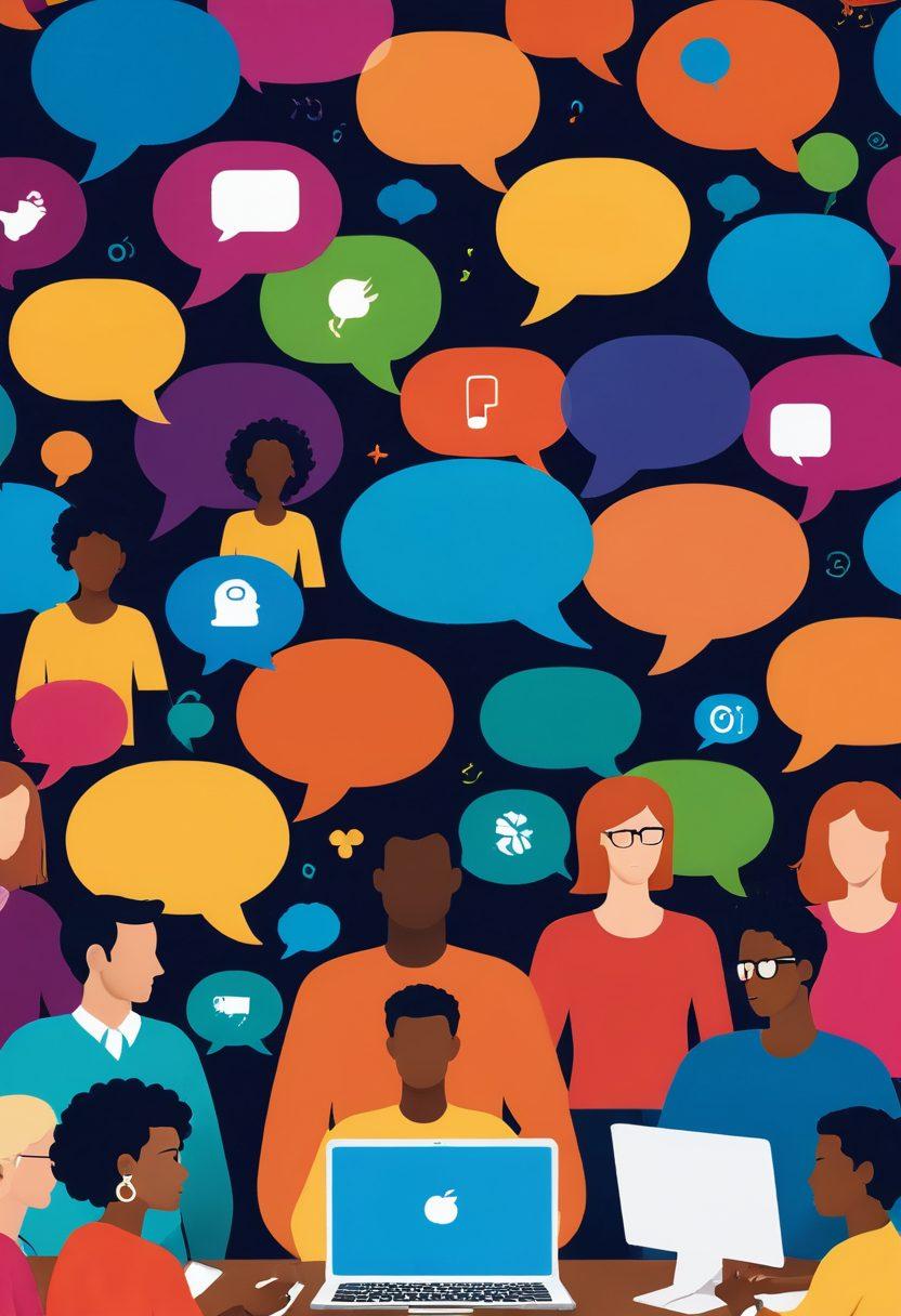 A vibrant depiction of a diverse group of people engaged in lively discussions at a digital forum, surrounded by symbols of connectivity like chat bubbles and devices. The background features a blend of warm colors, representing community and inclusivity, while highlights of technology such as laptops and smartphones create a modern feel. Capture a sense of excitement and accessibility in this dynamic environment. vibrant colors. digital art. warm tones.